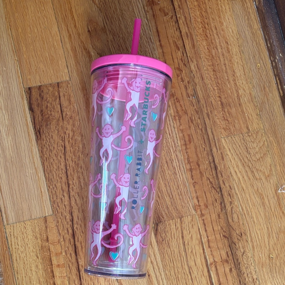 Roller Rabbit Pink Monkey Tumbler with Straw